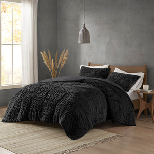 Madison Park Blair Glam/Luxury Ruched Fur Down Alternative Comforter Set MP10-8214 Black