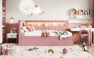 English Elm Upholstered Twin Platform Bed with Trundle, Linen Backrest, Built-In USB Ports & LED Accent Lighting Pink DL001919AAH