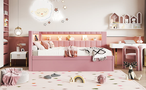 English Elm Upholstered Twin Platform Bed with Trundle, Linen Backrest, Built-In USB Ports & LED Accent Lighting Pink DL001919AAH