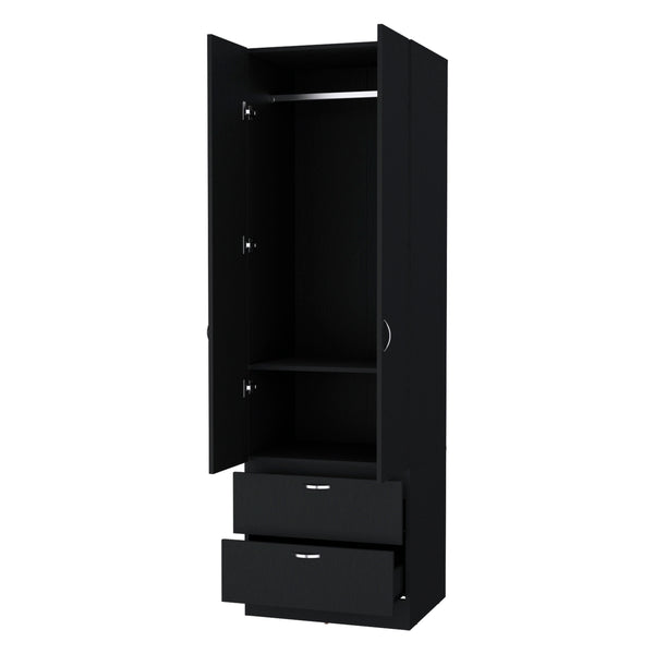 English Elm Tall Mayer Wardrobe Melamine 2 Doors 2 Drawers Black – Durable Bedroom Storage with Hanging Rod, Space-Saving Organizing Solution B128P203059