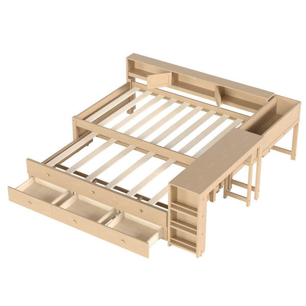 English Elm Twin Daybed Pine Frame with Trundle Desk Hutch Shelves and Storage for Kids Rooms Golden W1580S00460