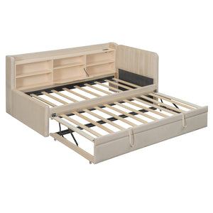 English Elm Twin Upholstered Daybed with Pull-Up Trundle, Velvet High Back with Shelves, Flip Storage & USB Beige SF000194AAA