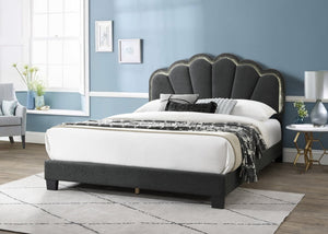 English Elm 1pc Queen Size Bed Wool Upholstered Platform with Channel Tufted Headboard and Built‑In LED Lighting Charcoal 66 L x 30 W x 10 H B011P238975