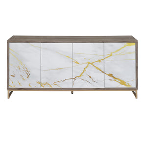 English Elm Paavan White Marble Paint Console Cabinet with Oak & Champagne Accents, 4 Compartments, Modern Storage B2726P245876