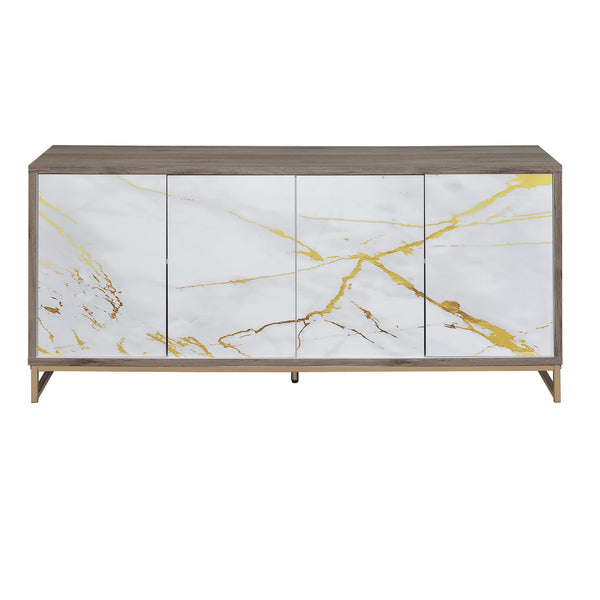 English Elm Paavan White Marble Paint Console Cabinet with Oak & Champagne Accents, 4 Compartments, Modern Storage B2726P245876