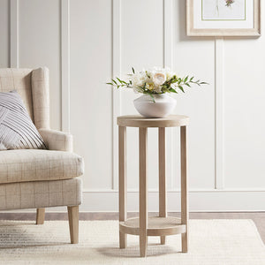 JLA Home Martha Stewart - Round Accent Table — Martha Stewart Bedford 15" Dia x 28" Farmhouse Ash Veneer with Rattan Shelf, Reclaimed Wheat Finish MT120-0024