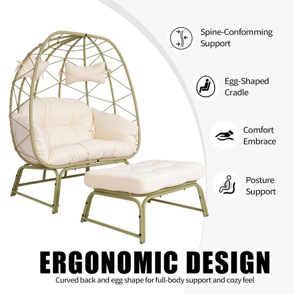 English Elm Double Outdoor Egg Chair with Ottoman Hand Woven Pe Rattan Two Person Patio Lounge T5880P501481