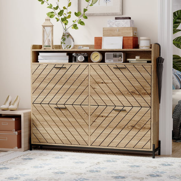 English Elm shoe cabinet Rustic Herringbone Flip-Drawer Organizer for Narrow Spaces, Dust-Proof Entryway Storage Driftwood W2227P207767