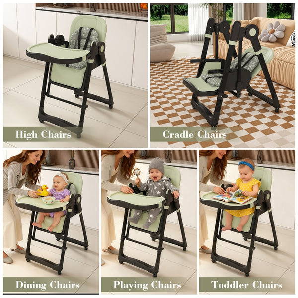 English Elm Convertible Baby High Chair to Rocker with 5-Point Harness, Foldable Feeding Seat, Quiet Wheels, Easy-Clean Tray and Adjustable Recline for Infants and Toddlers Dark Green W2699P371975