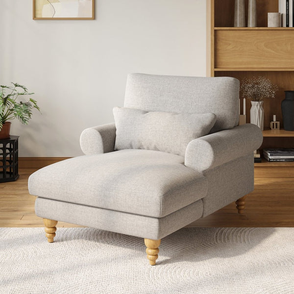 English Elm Upholstered Chaise Lounge Rolled Arms Reclining Back Foam Cushion Elegant Wood Feet Light Gray T3623P411642