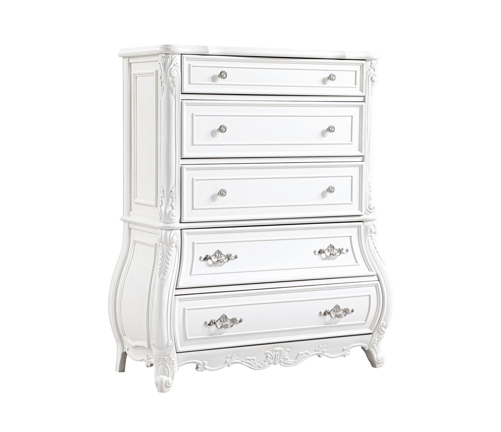 English Elm Opulence 5-Drawer Chest In Pearl White – Elegant Wood Storage Solution For Stylish Bedrooms B009P240964