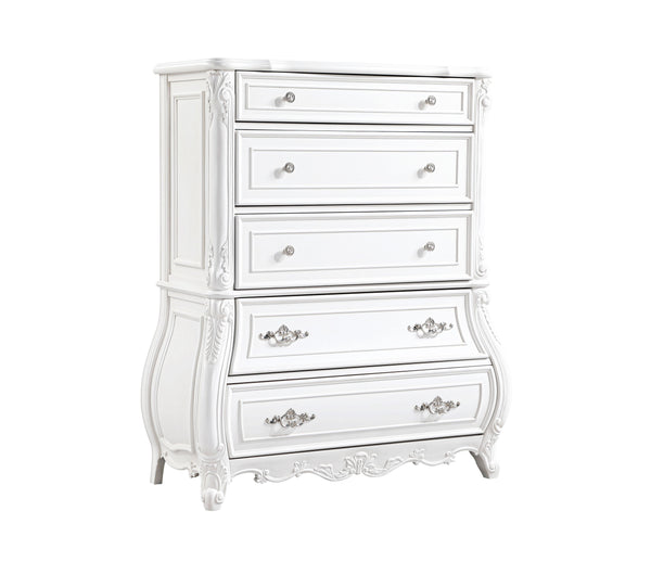 English Elm Opulence 5-Drawer Chest In Pearl White – Elegant Wood Storage Solution For Stylish Bedrooms B009P240964