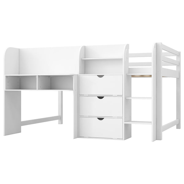 English Elm Full Size Low Loft Bed With Desk, Storage Solutions & Whiteboard For Creative Learning – White Finish N7090005005K