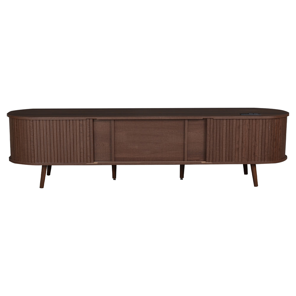 English Elm 70 Mid Century TV Stand with Rattan-Front Drawers, Tambour Doors, Built-In Outlets & Solid Wood Legs Dark Brown N710P339446P