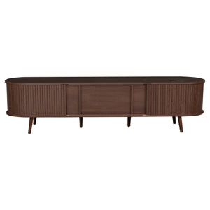 English Elm 70 Mid Century TV Stand with Rattan-Front Drawers, Tambour Doors, Built-In Outlets & Solid Wood Legs Dark Brown N710P339446P