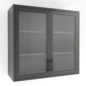 English Elm Retro Wall-Mounted Cabinet with Hazy Tempered Glass Doors, 2 Adjustable Shelves, Steel Black Finish W2378P176274