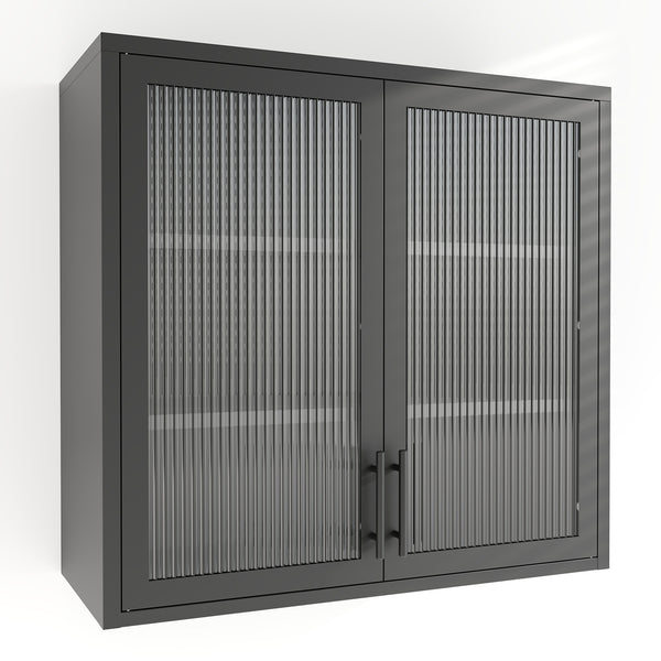 English Elm Retro Wall-Mounted Cabinet with Hazy Tempered Glass Doors, 2 Adjustable Shelves, Steel Black Finish W2378P176274