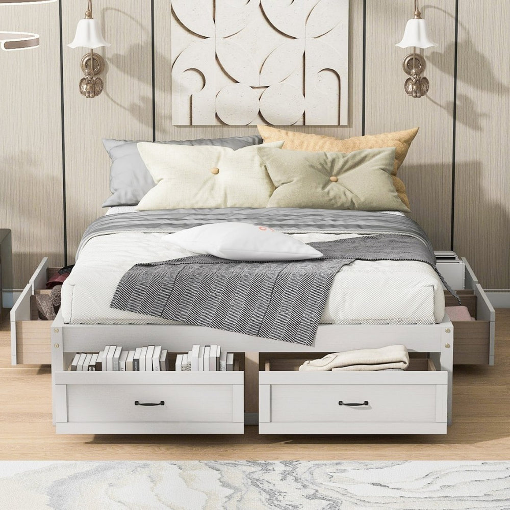 English Elm Queen Platform Bed with Six Storage Drawers Low Profile Frame for Modern Bedrooms Antique White N708P263022K-1