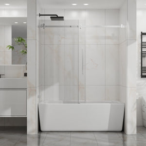 English Elm Goodyo Frameless Sliding Bathtub Door, 60" W X 58" H - Stylish Clear Glass, Silent Operation, Easy-Clean D163118745