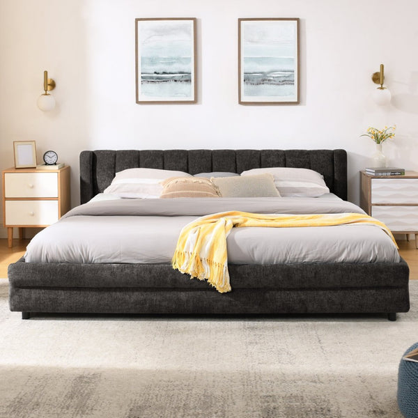English Elm King Chenille Upholstered Platform Bed with Storage Drawers and Structured Headboard Dark Gray W487S00415