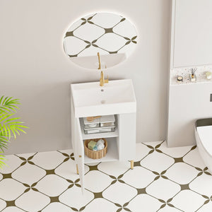 English Elm 21.6" Compact Bathroom Vanity Ceramic Sink Soft Close Cabinet Open Shelf White W1920S00188