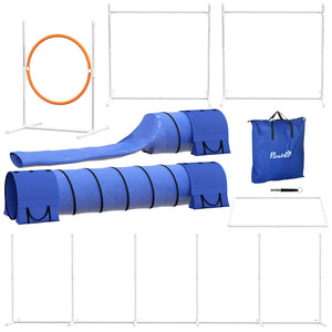 English Elm PawHut 7-Piece Dog Agility Starter Kit with Tunnels, Adjustable Hurdles & Ring, Whistle, Bag W2225P217634