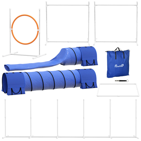 English Elm PawHut 7-Piece Dog Agility Starter Kit with Tunnels, Adjustable Hurdles & Ring, Whistle, Bag W2225P217634