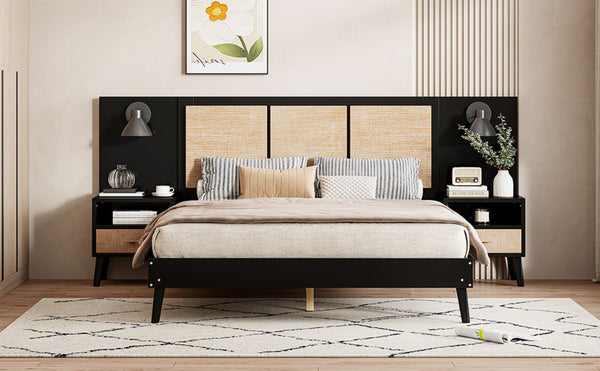 English Elm Queen Solid Wood Bed Frame With 2 Nightstands, Rattan Accents, Built-In Lamps For Cozy Bedrooms N820S00019AAB-GIGA