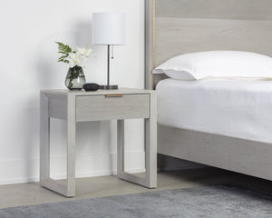 Sunpan Cordoba Nightstand - Rustic Oak Elegance with Grey Finish & Gold Hardware for Timeless Charm