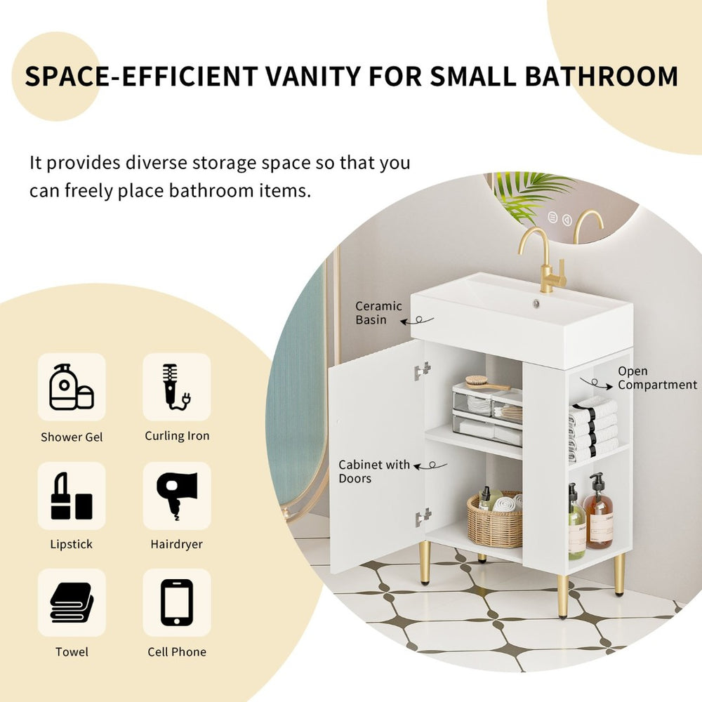 English Elm 21.6" Compact Bathroom Vanity Ceramic Sink Soft Close Cabinet Open Shelf White W1920S00188