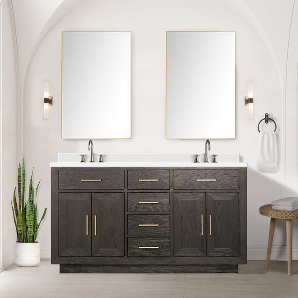 English Elm Brown Oak Double Bath Vanity 60" W X 22" D - Elegant White Quartz Top, Fully Assembled, Durable Design B2731P257732