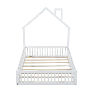 English Elm Wood House Platform Bed Full Size with Guardrail & Playful Frame, Sturdy Pine, Kid-Safe Design White N709P171852K
