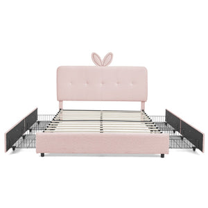 English Elm Queen Boucle Upholstered Kids Bed with Rabbit Ear Headboard Led Lighting Storage Drawers Pink W1413P384926