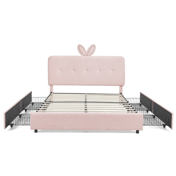 English Elm Queen Boucle Upholstered Kids Bed with Rabbit Ear Headboard Led Lighting Storage Drawers Pink W1413P384926