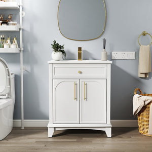 English Elm 27.8" Mid-century Freestanding Bathroom Vanity with Ceramic Sink Drawer and Wood Base White W1801S00004