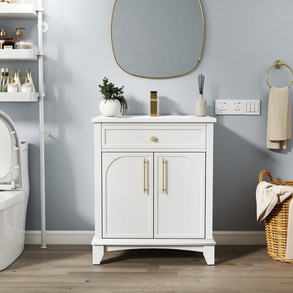 English Elm 27.8" Mid-century Freestanding Bathroom Vanity with Ceramic Sink Drawer and Wood Base White W1801S00004