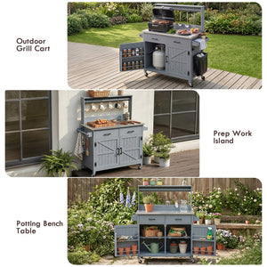 English Elm K&k Solid Fir Grill Cart Stainless Steel Top Outdoor Kitchen Station with Locking Wheels Grey+Blue N707P409087G