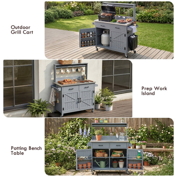 English Elm K&k Solid Fir Grill Cart Stainless Steel Top Outdoor Kitchen Station with Locking Wheels Grey+Blue N707P409087G