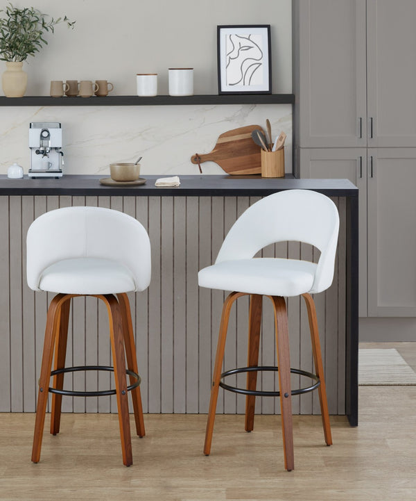 English Elm Fixed-height Mid-century Barstools with Walnut Legs and Grey Upholstered Seats Set Black,White+Walnut B202S01940