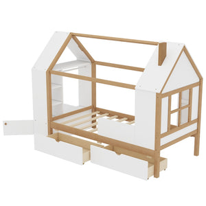English Elm Twin House Frame Bed Pine Wood with Storage Drawers and Shelves for Kids Bedroom W1580S00572