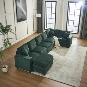 English Elm Modern U Shaped 6-Seat Sectional Sofa with Ottoman and 3 Toss Pillows, Corduroy Modular Comfort and Durable Frame Green W2363S00042