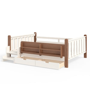 English Elm Twin Kids Platform Bed with Trundle Staircase Bookshelf and Rounded Safety Rails Beige W1580S00539