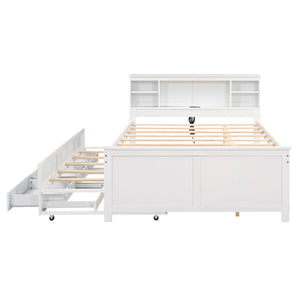 English Elm Full Full Size Platform Bed with Storage Headboard, USB Ports, Twin Trundle & 3 Drawers, Solid Wood White GX000720AAK