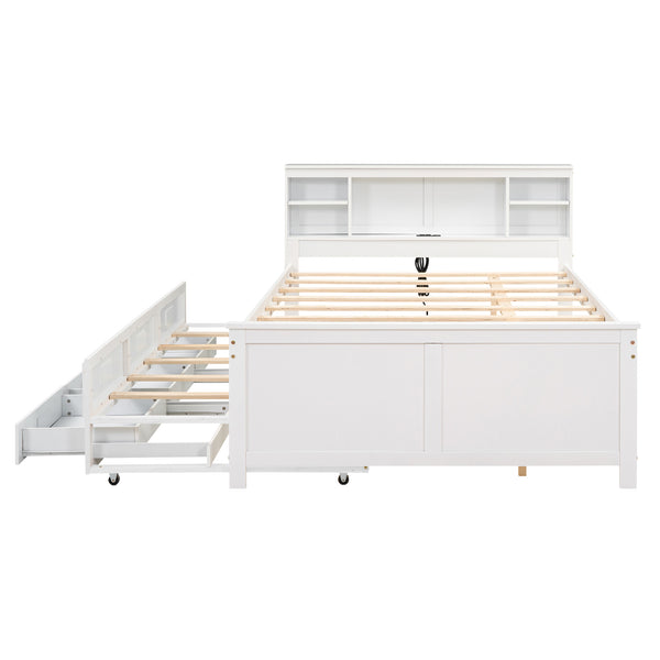 English Elm Full Full Size Platform Bed with Storage Headboard, USB Ports, Twin Trundle & 3 Drawers, Solid Wood White GX000720AAK