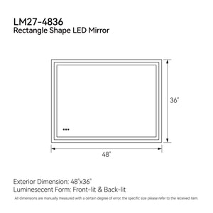 English Elm 48"*36"LED Modern LED Vanity Mirror with Touch Sensor, Dual Front/Back Light, Fog-Free, IP44 Water Resistant, CRI90+ Dimmable Memory T3177P320625