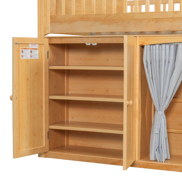 English Elm Twin Loft Bed with Wardrobe Cabinet Led Lighting and Pine Frame for Kids Rooms Wood N7090002236M