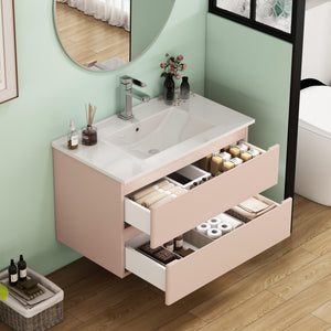 English Elm 32-Inch Modern Wall-Mounted Bathroom Vanity With Ceramic Sink, Soft-Close Drawers, Stylish Pink Finish W3151S00045