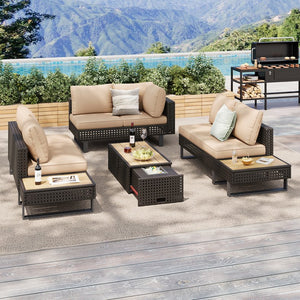 English Elm K&K 6-Pers Diamond Weave Patio Sectional Set with Thick Cushions, Extendable Ice Coffee Table, UV-Resistant Wicker Khaki+Brown N707S000013K