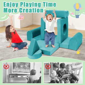 English Elm 11pcs Modular Foam Play Couch Set for Kids Velour Washable Toddler Playroom Builder Cyan T5880P493425