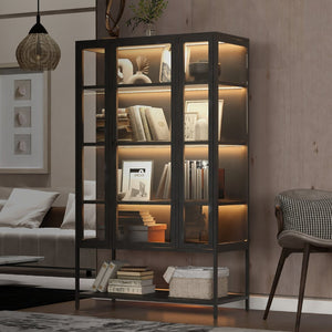 English Elm 67.25'' Tall Steel Curio Cabinet with Led Lighting and Tempered Glass Panels Black SN845P263995B